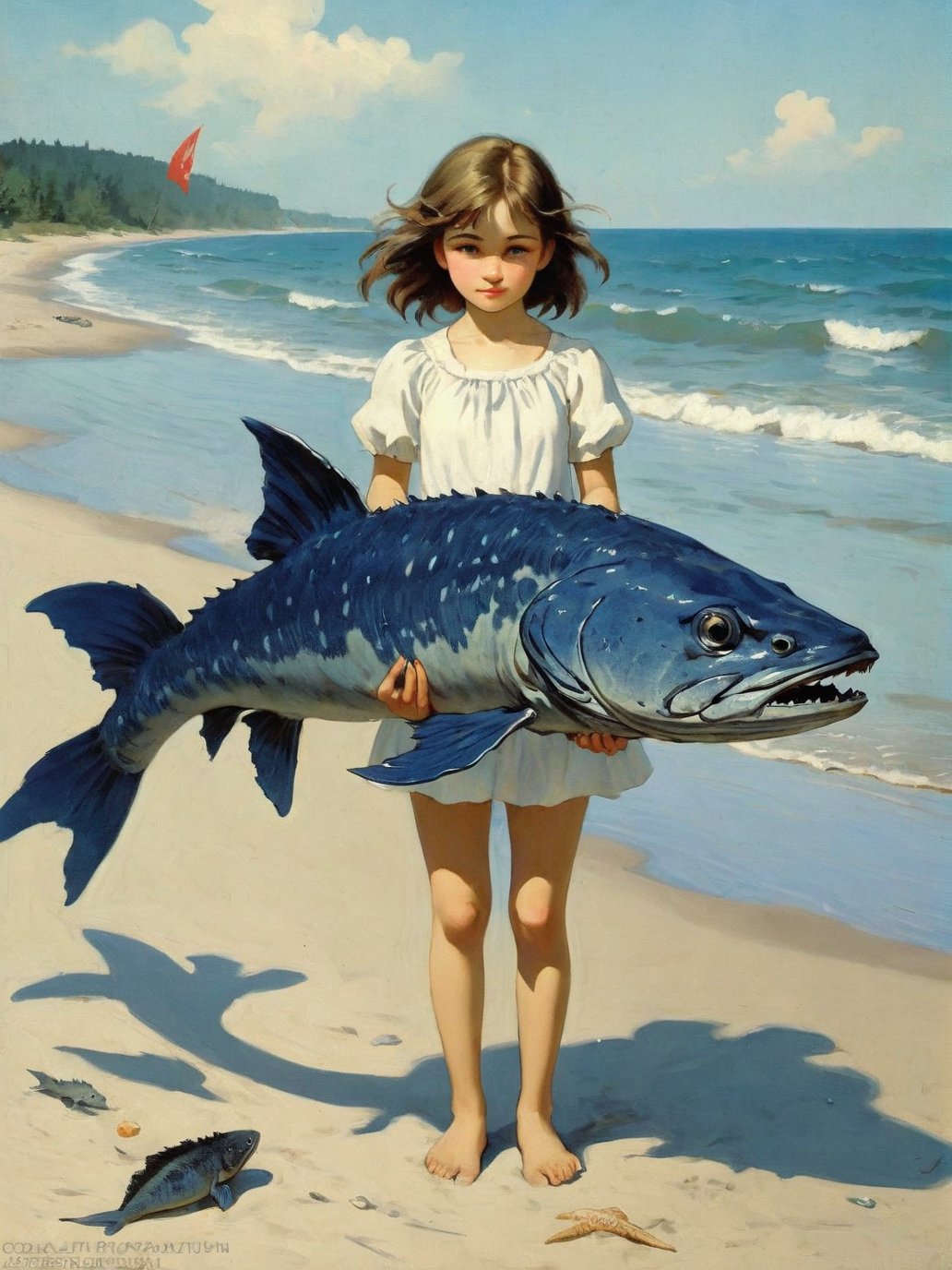 00115-2774822846-a girl on the beach surrounded by Coelacanth Russian popular print.jpg